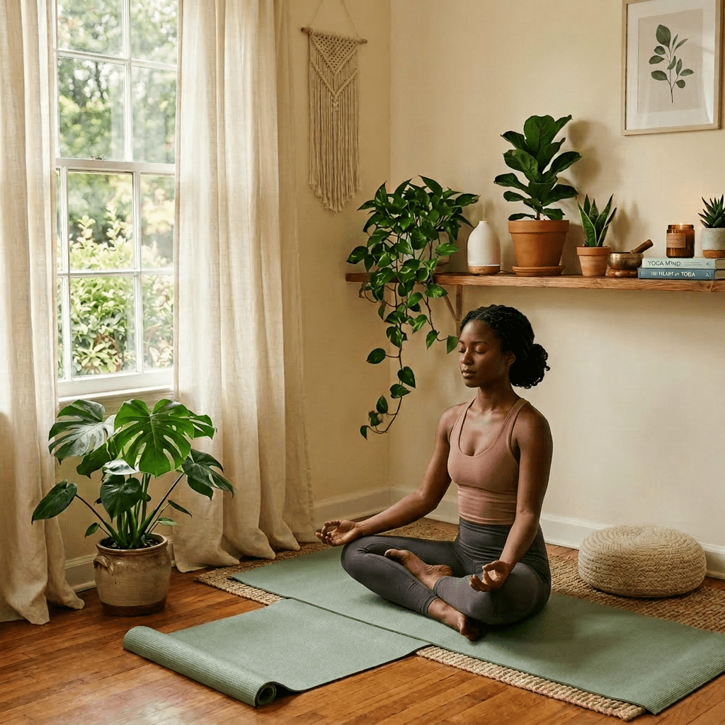 Woman sitting cross-legged on yoga mat meditating indoors with houseplants