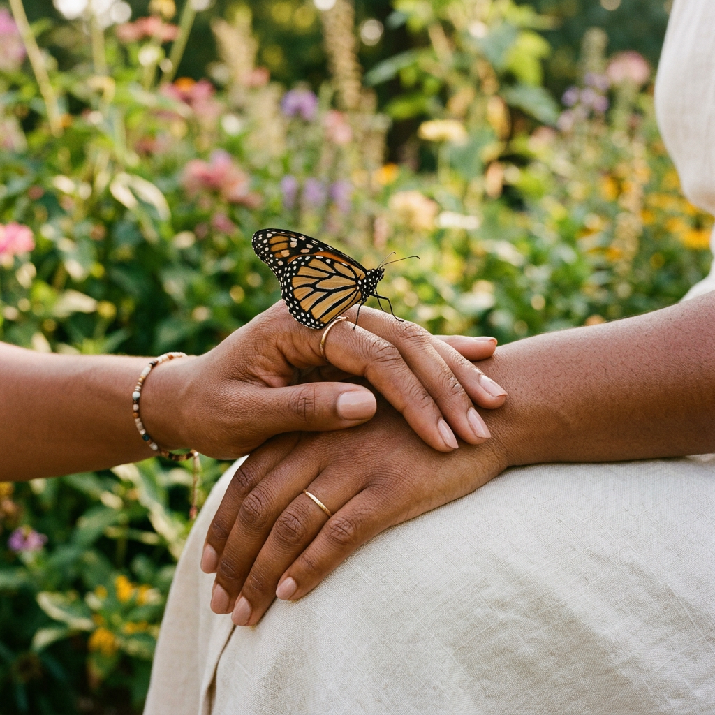 Caramel hands clasped with butterfly resting