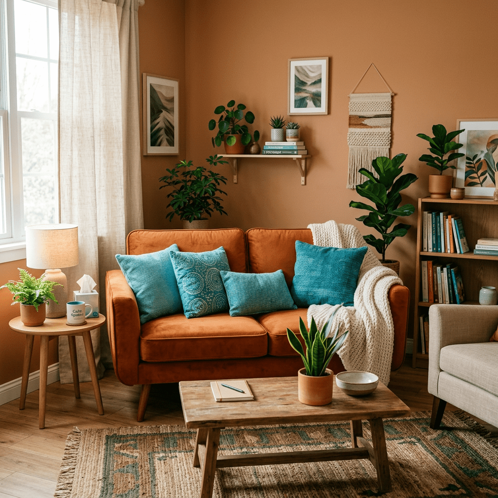 Therapy office orange couch turquoise pillows cream blanket earthy tones