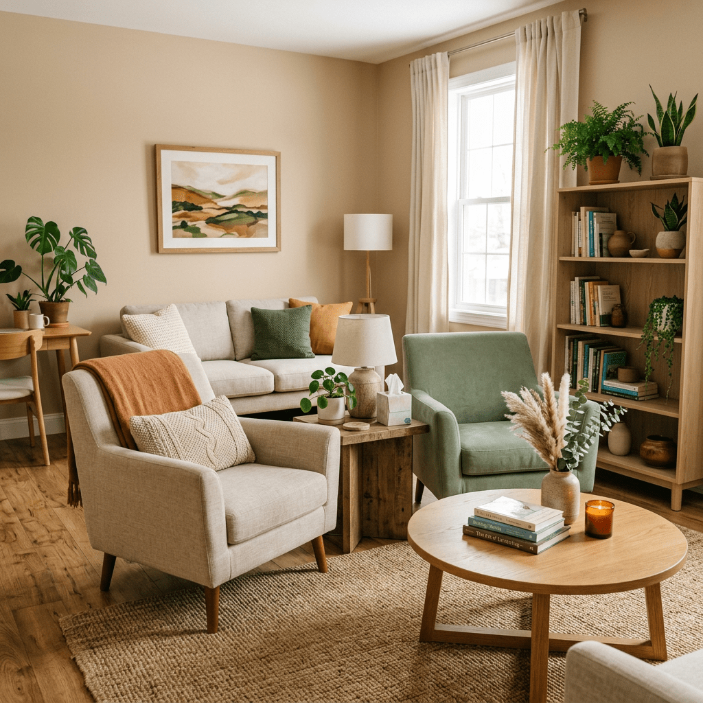 Neutral therapy office with earthy tones