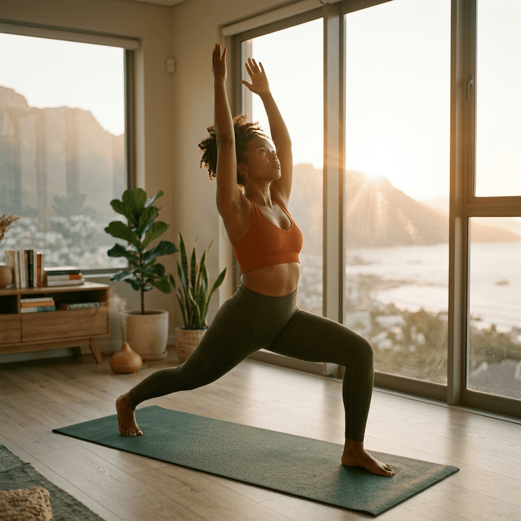 Woman in yoga pose on mat in sunlit room with mountain landscape visible