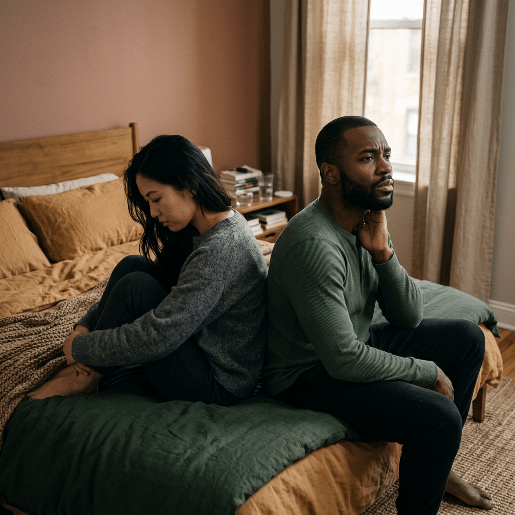 Couple sitting back-to-back on bed showing signs of emotional distress